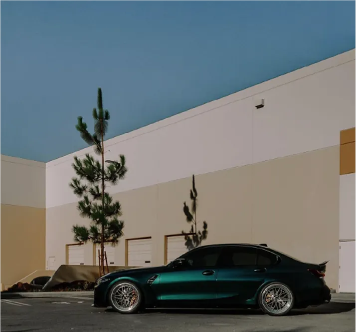 Dark green sports sedan parked in front of a beige industrial building with tall pine trees casting shadows.