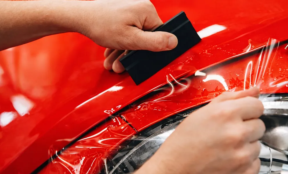 Hands installing transparent protective film on a red car's hood near the headlight.