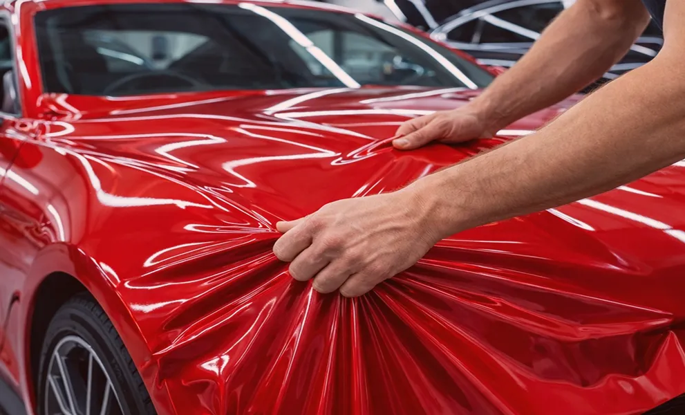 Hands applying a red vinyl wrap on the hood of a red car.